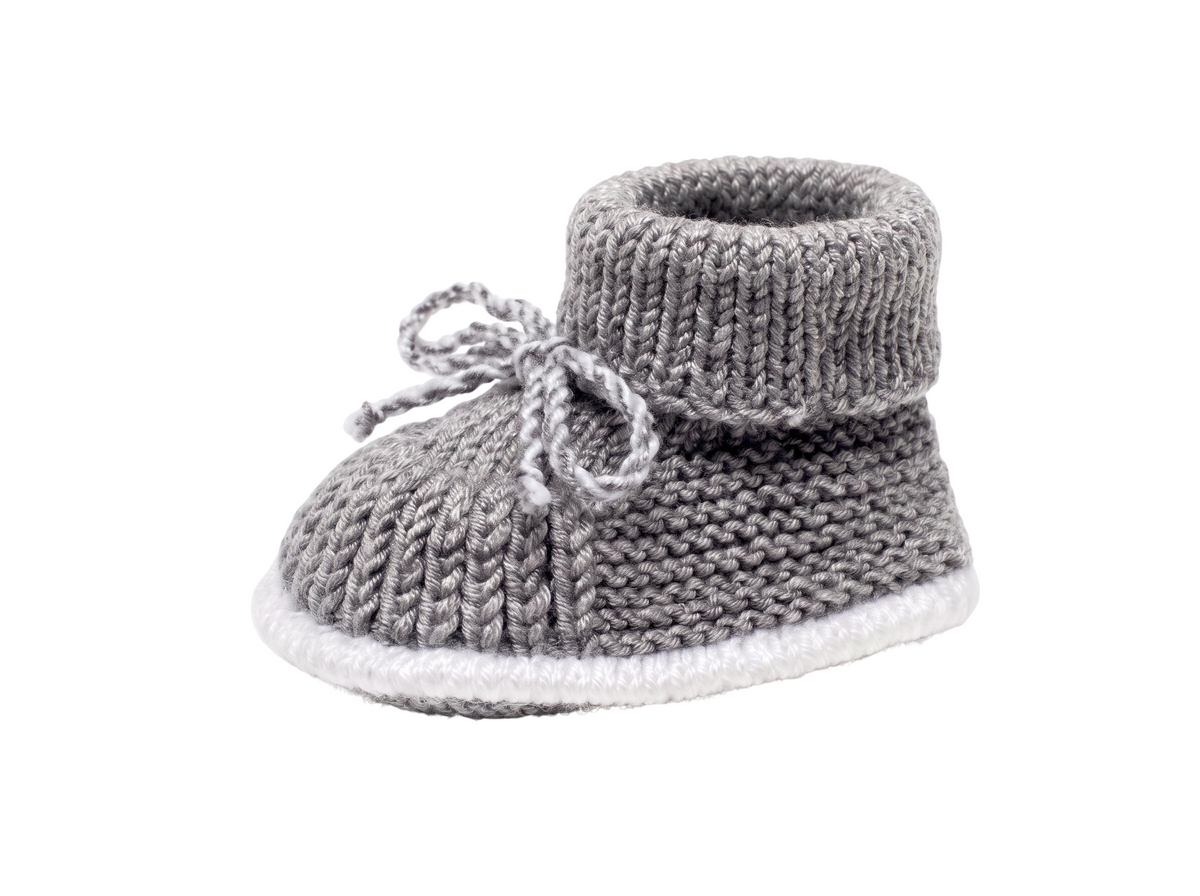 Nene Handmade Grey and White Knitted Baby Booties | Bow Detail | 100% Organic Cotton | 0-12 Months
