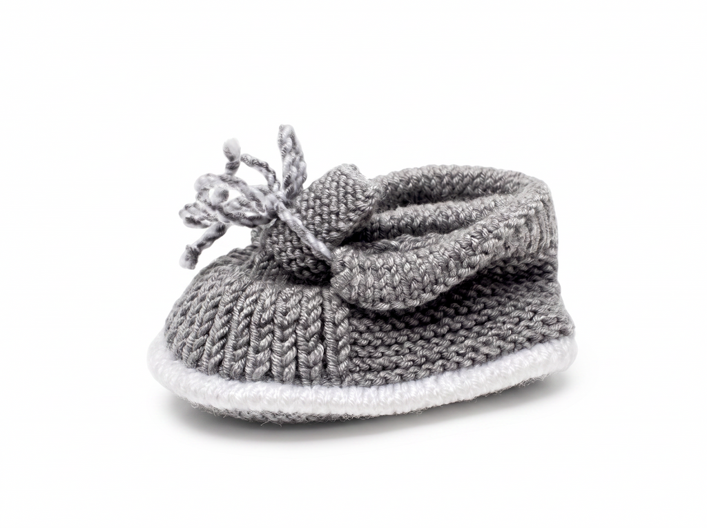 Nene Handmade Grey and White Knitted Baby Booties | Bow Detail | 100% Organic Cotton | 0-12 Months