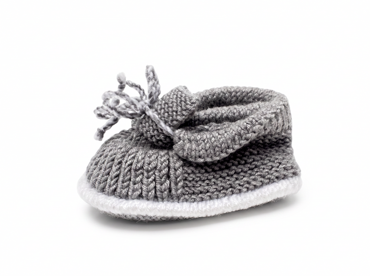 Nene Handmade Grey and White Knitted Baby Booties | Bow Detail | 100% Organic Cotton | 0-12 Months