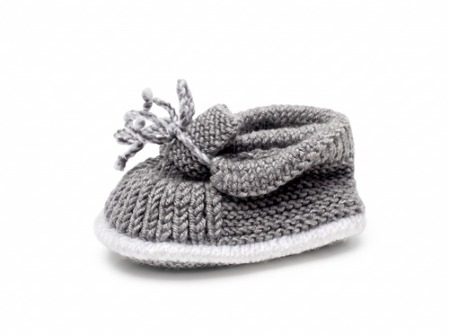 Nene Handmade Grey and White Knitted Baby Booties | Bow Detail | 100% Organic Cotton | 0-12 Months